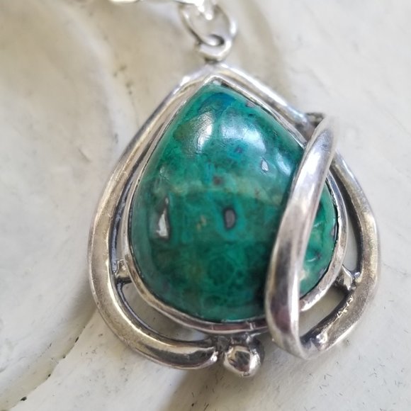 Teal Green Blue Agate Teardrop Gemstone & Sterling Necklace - Picture 9 of 14